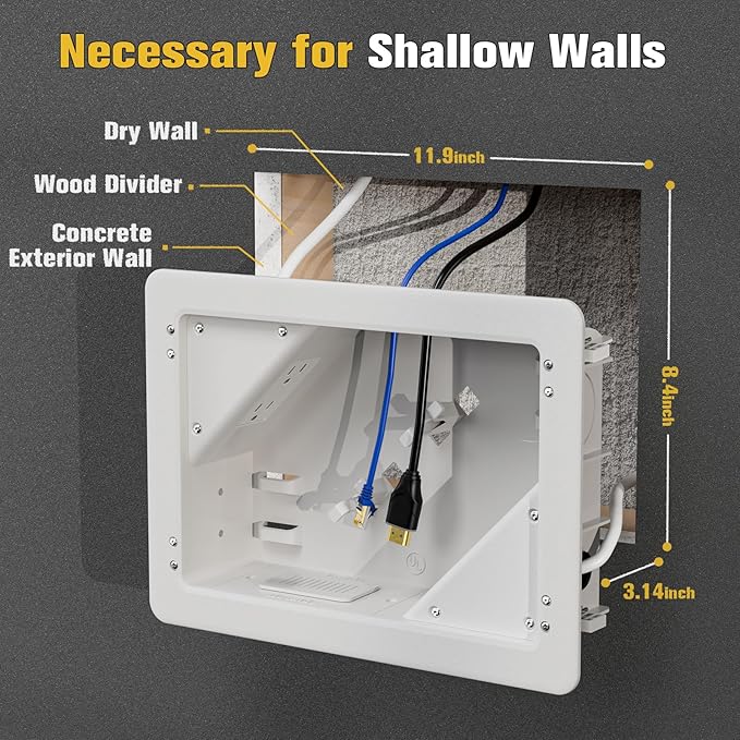 in-Wall TV Box with Flange for Home Theater Installation, Cord Hider for Wall Mounted TV, with 2 Duplex Outlets, Cable Bracket, LV Cable & 1-1/2" ENT Entrance, Ideal for New or Retrofit Job, 2 Pack