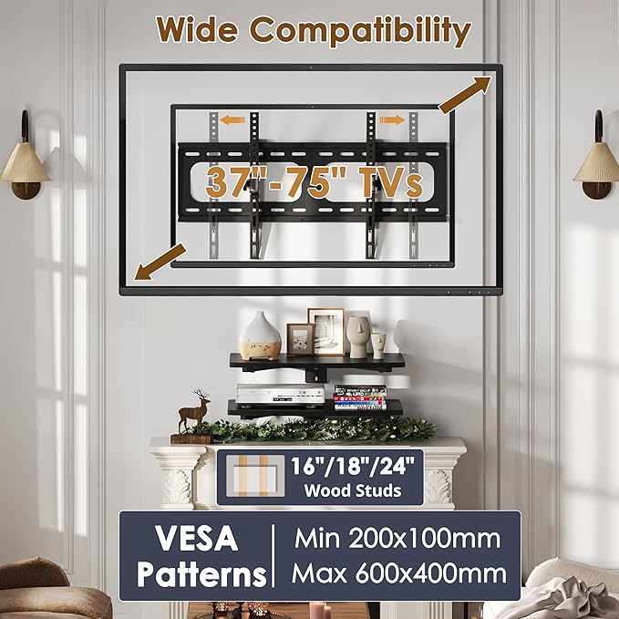 3-in-1 TV Wall Mount & Floating Shelves Kit, Fits 37–75" TVs, Wall-Mount TV Bracket with 2 Wooden Shelves, Max VESA 600×400 mm, for Living Room, Game Room, Bedroom