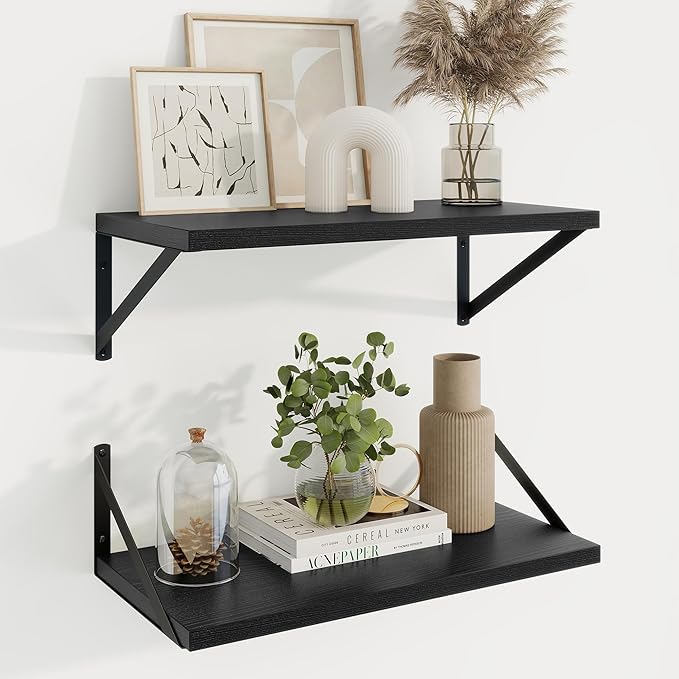 Axeman Deep Floating Shelves | 20 Inch Black Wall Shelves Set of 2 | 10 Inch Deep Rustic Wood Shelves for Wall | 20'' W x 10''D Black Shelves for Living Room Bathroom Kitchen