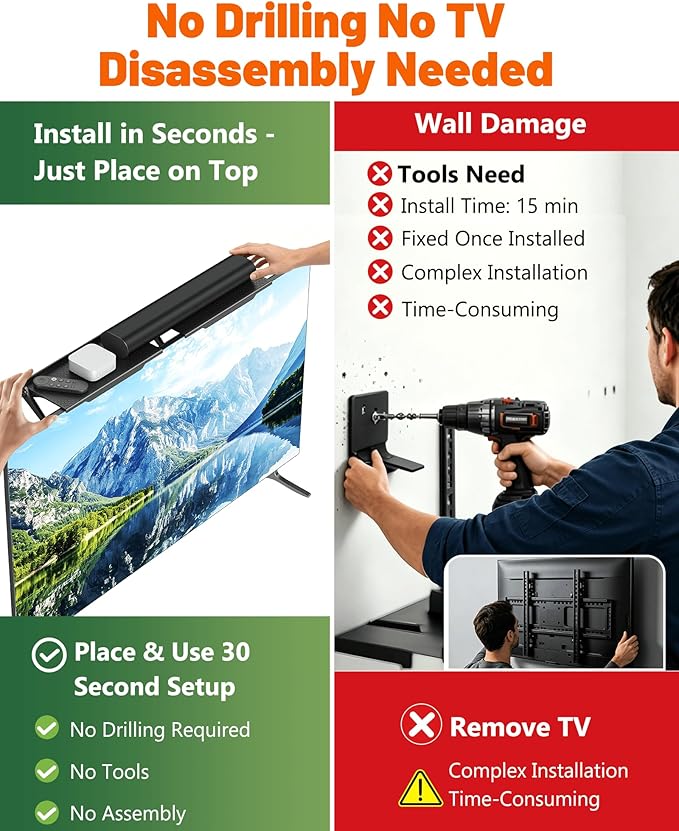 No Drilling Soundbar Mount, TV Top Shelf Fits Most Soundbars up to 12 lbs, Universal Monitor Shelf-Sound Bar Mounts, Sound Bar Shelfs Above TV for Flat Screen TVs,No TVs Disassembly, 23.6x4.4inch