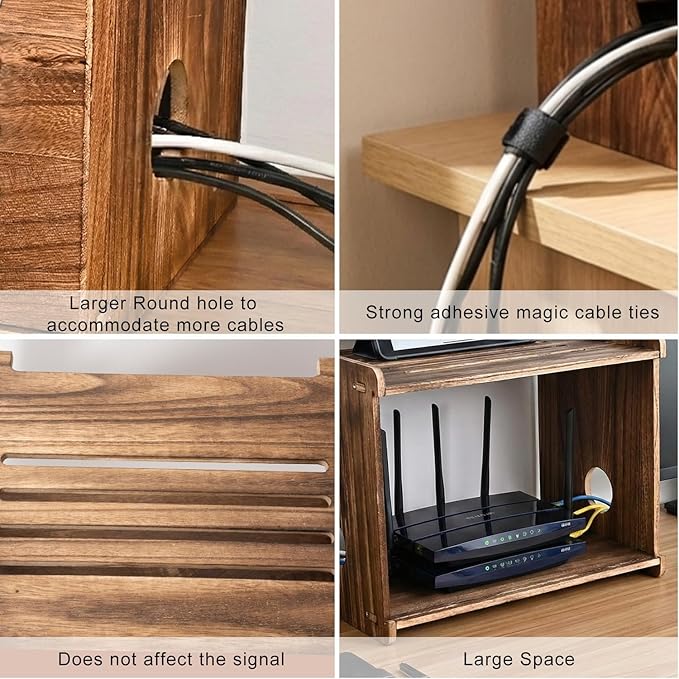 Large Wooden Router Box Hider, Wifi Router Cable Storage Box, Decorative Modem Shelf Hider Cover for Home Power Strip Cable Organization Perforated Cooling Brown