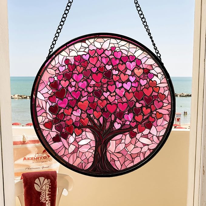 Stained Glass Window Hanging, Birthday Gifts for Women Mom Grandma Nana Wife Couple, Pink Love Tree Suncatcher for Doors Window Home Sun Catchers Gifts Decor 14.9 in