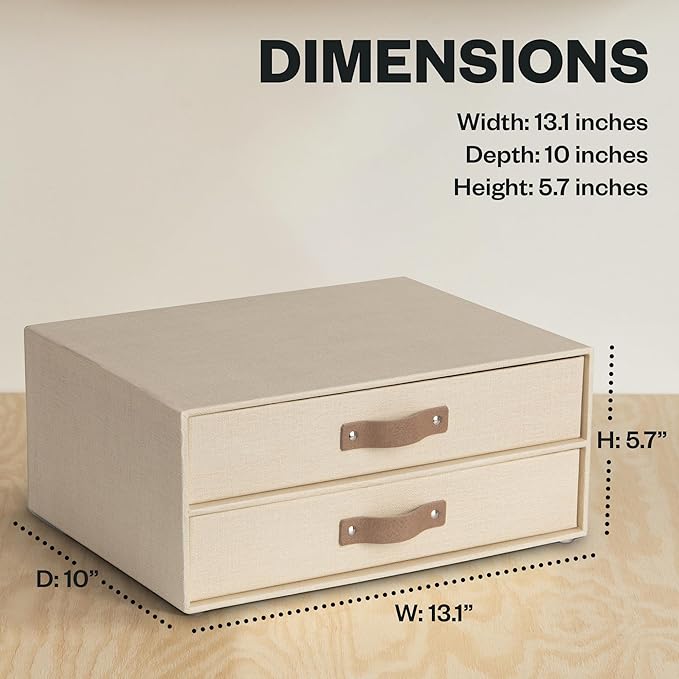 Bigso Birger 2 Drawers - Desktop Drawers for A4 and Letter Size Papers and Documents - Tabletop Drawers with Leather Handles - 13.1 in x 10 in x 5.7 in - Cream