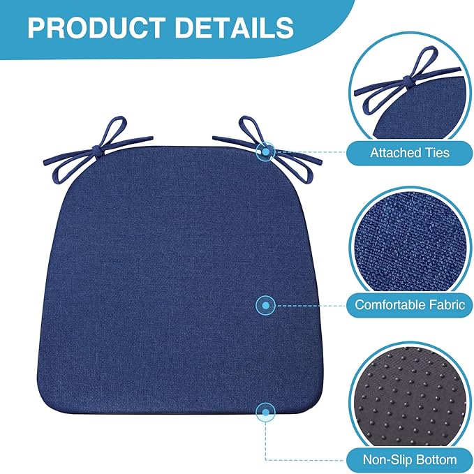 IASEAHK Chair Cushions for Dining Chairs Set of 6, Non Slip Kitchen Chair Pads, 17" x 16" x 2", Indoor Dining Chair Cushions with Ties, D-Shaped Seat Cushions for Kitchen Chairs, Navy Blue