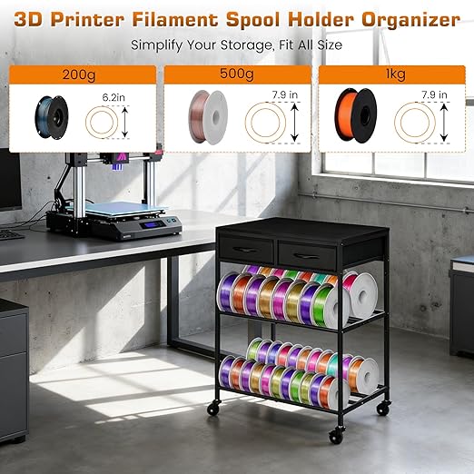 3D Printer Filament Storage Shelf with Drawers& Wheels, Black 2-Tier 3D Printer Filament Metal Stand with Storage, Adjustable Filaments Organzied Rack for Workshop Studio Office, 4 Leveling Feet
