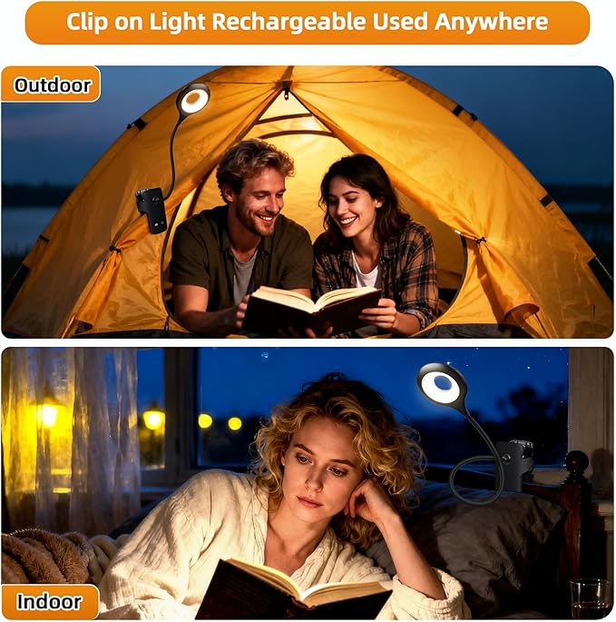 Akynite Desk Lamp LED Clip on Light, 5 Modes 5 Brightness Dimmable Clamp Light, Rechargeable Battery Flexible Clip on Reading Lamp for Bed Headboard Bunk Bed at Night for Kids (Black)