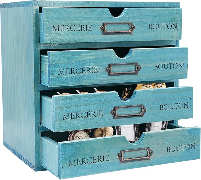 15-Drawer Wooden Desk Organizer Storage Box with Label Holders Vintage Wood Desktop Organizer, Desk Drawer Unit Collectors Box for Living Rooms, Bedrooms, Offices (Blue, 5PCS 15 Drawers)