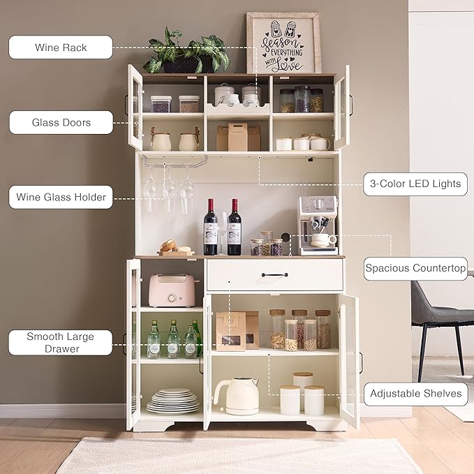 Fatmok 71" Pantry Cabinet with Wine Rack and Charging Station, Set of 2 Tall Coffee Bar Cabinets with LED Lights, Drawer, Adjustable Shelves, Kitchen Hutch Storage,Off-White