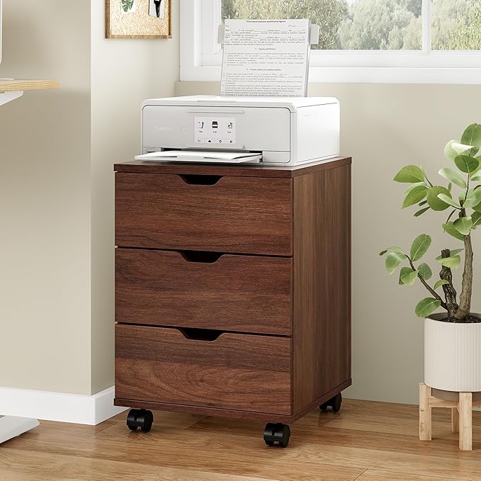 Farini 3-Drawer Under Desk Wooden File Storage Cabinet with Lockable Caster for Home Office,Brown,Fully Assembly