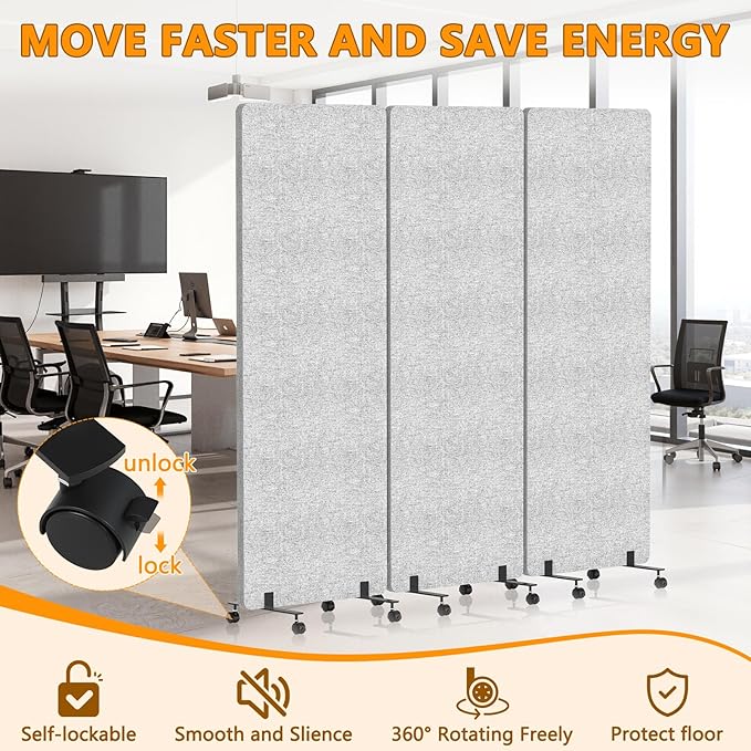 Soundproof Room Divider with Wheels, 66in Acoustic Room Divider Panel, 3 Panel Office Partition Wall for Noise Cancelling, Portable Temporary Wall Cubicle Divider (Light Grey)