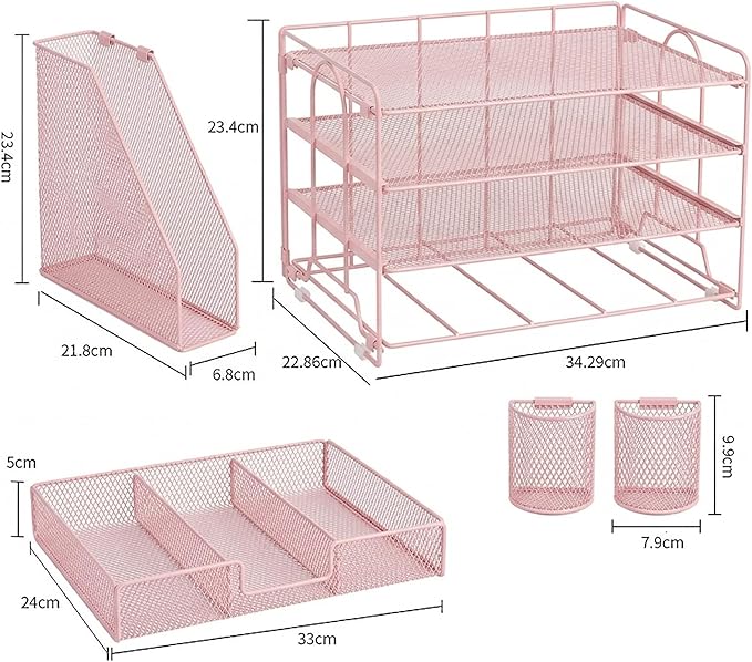 Metal Desktop File Organizer Multi Tier Pull Out Document Tray Office Desk Storage Rack for Files Paper and Stationery Durable Iron Mesh Pink 1 Pack