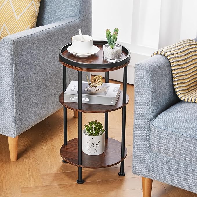 Side Table, Small Round Side Table for Small Spaces, 3-Tier Round Accent Table Slim Side Table, Modern Sofa End Table Corner Table for Living Room Bedroom Nightstand (Classic, Cherry)