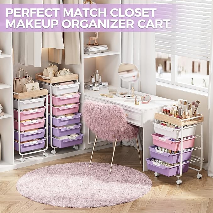 SYKIARIOL Rolling Storage Utility Cart With 4 Drawers,Kids Craft Art Cart,Makeup Organizer And Storage with Wooden Tabletop,Purple