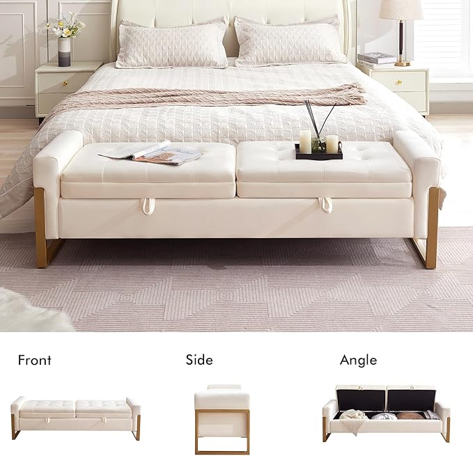 67" End of Bed Bench King Size, Velvet Storage Bench for Bedroom Foot of Bed, Double Lids Storage Bench with Golden Legs, Upholstered Ottoman Bench for Living Room Window Entryway, Cream