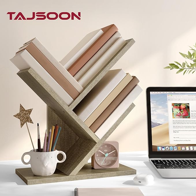 Tajsoon 3 Tier Tree Bookshelf, Small Bookshelf, Desktop Bookshelf Floor Standing Bookcase Display for CDs/Magazine/Books, Book Organizer Shelves for Bedroom, Living Room, Office, Greige