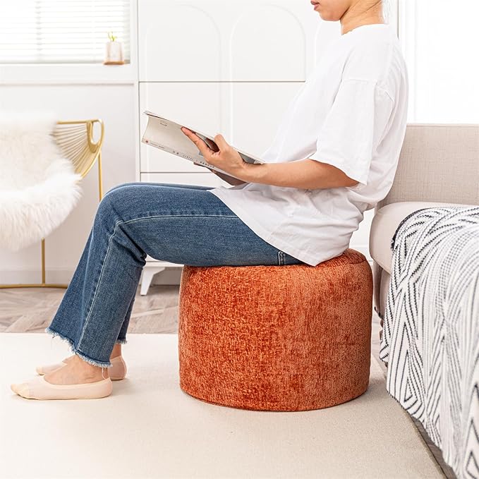 Boucle Round Pouf Ottoman - All-in-One Solid Foam Filled Foot Rest, Multifunctional Coffee Table & Floor Seat for Living Room, Bedroom - Orange