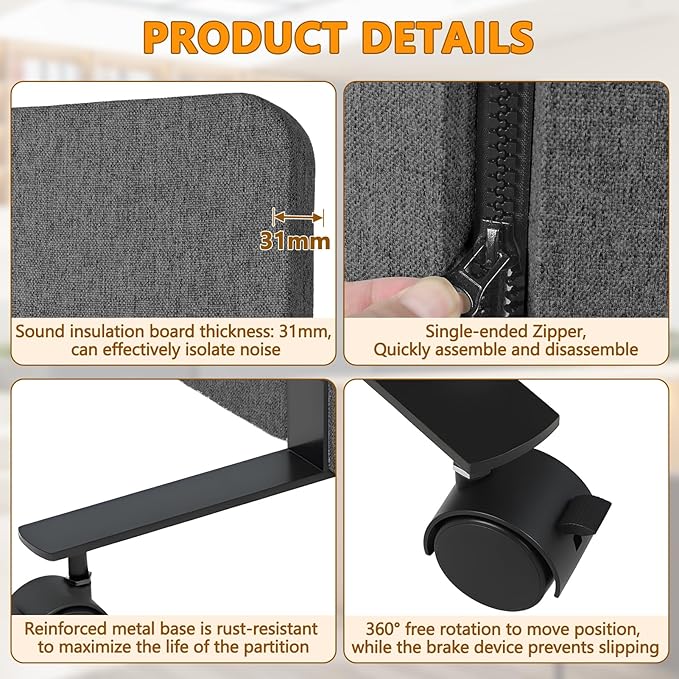Soundproof Room Divider with Wheels, 66in Acoustic Room Divider Panel, 3 Panel Office Partition Wall for Noise Cancelling, Portable Temporary Wall Cubicle Divider (Dark Gray)