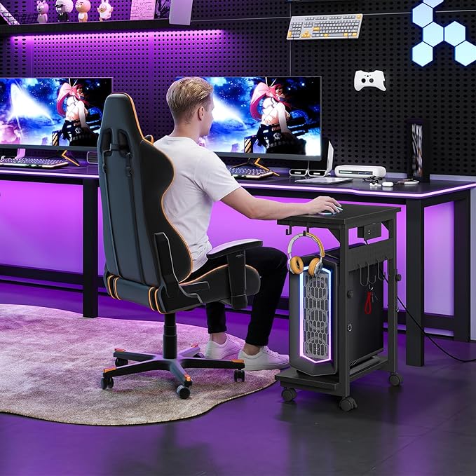 CHOEZON Computer Tower Stand, Height Adjustable PC Holder on Wheels, Computer Stand with Power Outlet, Under-Desk PC Cart with 6 Hooks, Movable Side Table, for Living Room, Office, Black TCJ50UBB