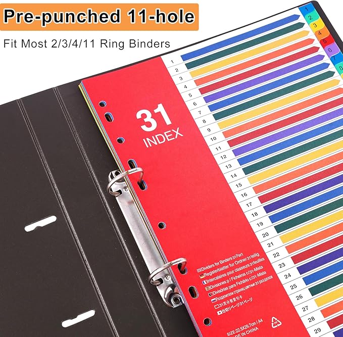 1-31 Tab Dividers, Plastic Binder Dividers for 2/3/4 Ring Binder, Customizable Table of Contents, Multicolor Number 1-31 Tabs, 5 Sets/ A4 Size