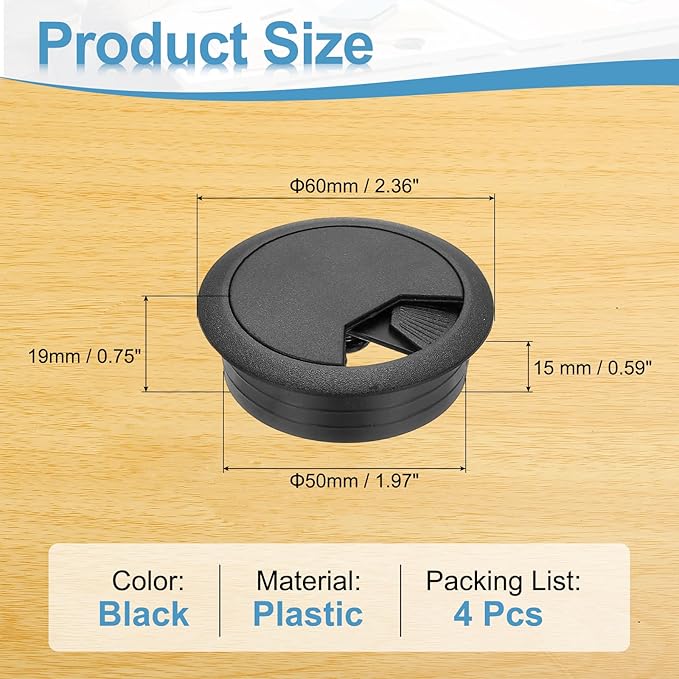 PATIKIL Desk Grommet 2", 4 Pcs Plastic Desk Hole Cover Cable Grommet Cord Hole Cover Table Wires Organizer for Home Office Wires Cables Through The Countertop, Black