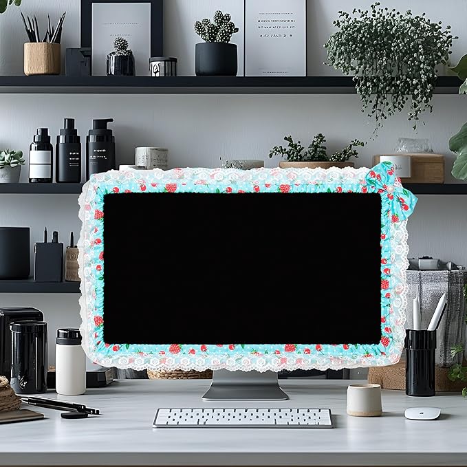 24-inch Cute Lace Fabric Monitor Cover with Elastic Pen Pocket & Bow-knot Design, Dust Protector for Computer/TV/LCD Screens - Blue