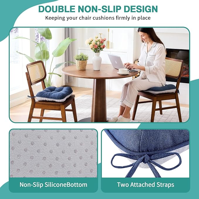 BETU Chair Cushions for Dining Chairs Set of 2,3.5" Thick Outdoor Indoor Chair Pads with Ties,Non Slip Backing and Covers, Seat Cushion for Kitchen Dining,Bar,Patio Furniture15.5"X15.5"X3.5",Navy Blue