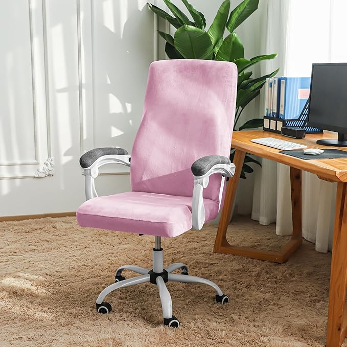 FORCHEER Velvet Large Office Chair Cover Pink Stretchable Computer Armchair Slipcover for Desk Chair Elastic Protector for Pets 1 Piece Washable Removable
