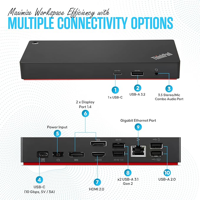 40AY0090US Lenovo Thinkpad Docking Station Dual Monitor - Supports 4K Display, Universal Dock USB Type- C Gen 2 with 4K HDMI + 4K DisplayPort + USB C Cable + 90W Adap TER (Renewed)