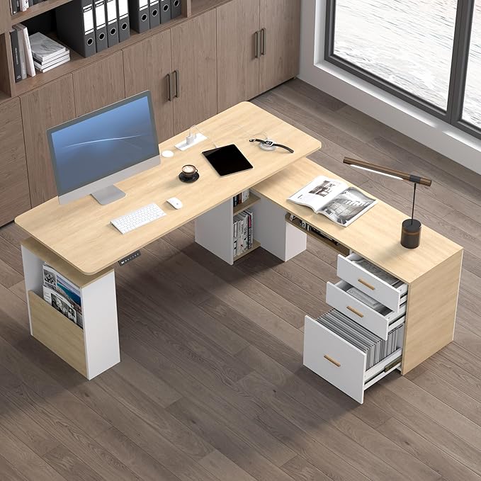 JOMEED 63" L Shaped Electric Standing Desk with Drawers, Executive Adjustable Height with Privacy Panel and Power Outlets(Oak and White)