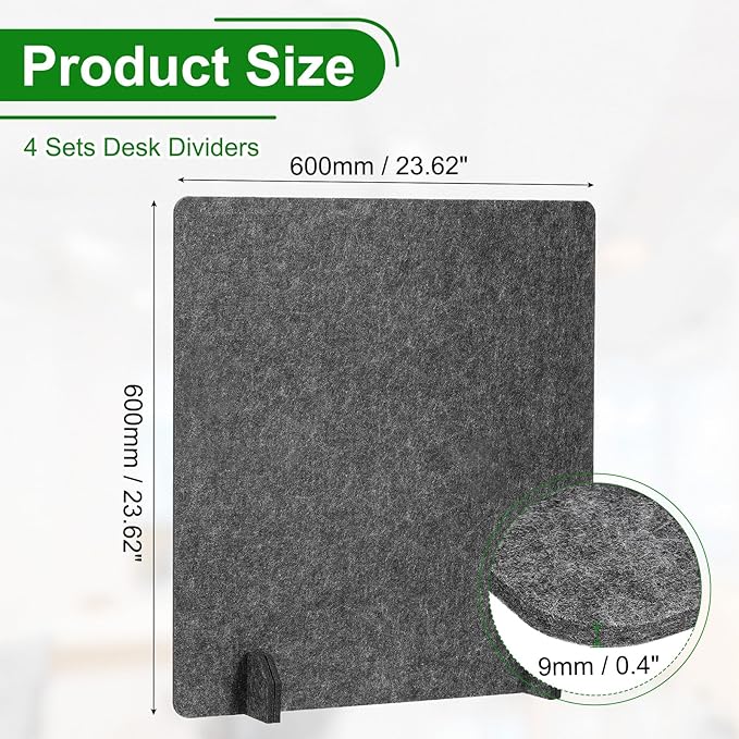 PATIKIL Desk Dividers 24" x 24", 4 Pack Desk Privacy Panel Freestanding Noise Reducing Partition Acoustic Panel with 4Pcs Support Feet for Testing Office Home Library, Dark Gray Style C