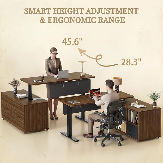 TIQLAB L Shaped Standing Desk with Privacy Protection Panel, 61.4" x 47.2" Height Adjustable Corner Executive Desk with Drawers and Shelves, Standing Computer Desks for Home Office, Black Walnut