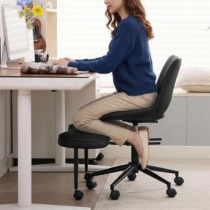 GarveeHome Ergonomic Kneeling Chair, Cross Legged Office Chair with Wheels & Lumbar Support, Wide Criss Cross Chair, Adjustable Height Meditation Yoga Chair for ADHD & Desk Work