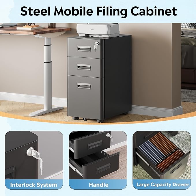 DEVAISE 3 Drawer File Cabinet with Lock, Under Desk Metal Filing Cabinet with Wheels for Home Office Organizer Letter/Legal/A4, Fully Assembled Except Casters, Black