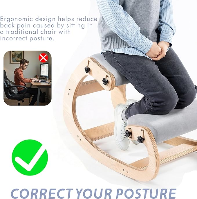 VDNEND Ergonomic Office Kneeling Chair,Wooden Posture Knee Desk Chair for Work,Yoga Rocking Chairs for Relieve Back Pain,Kneel Adjustable Chair for Gaming,Home