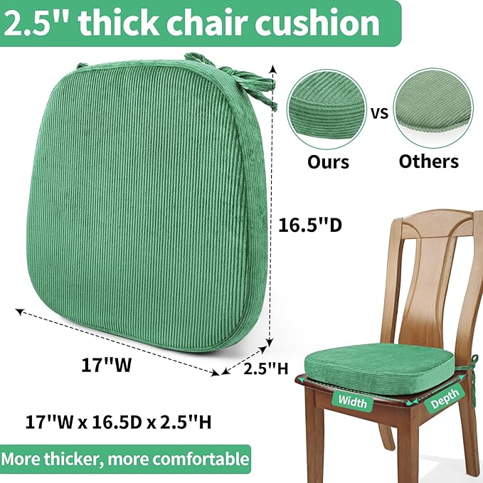 2.5" Thick Chair Cushions for Dining Chair, Corduroy Foam Kitchen Chair Pads, U Shaped Indoor Seat Cushions with Ties & Non-Slip Backing, Removable Washable Cover, 17''x16.5'', Set of 4, Green
