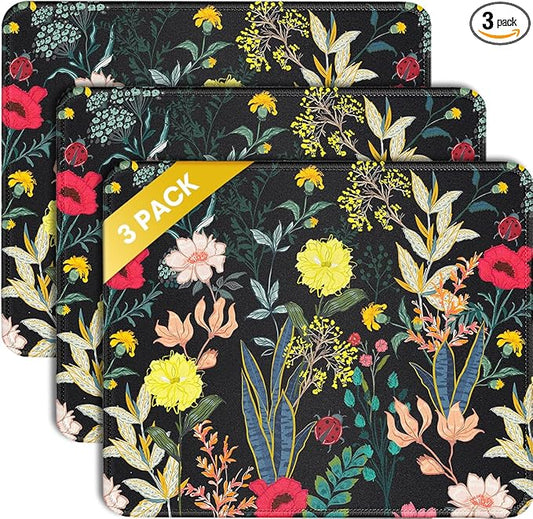 JIKIOU 3 Pack Mouse Pad with Stitched Edge, Comfortable Mouse Pads with Non-Slip Rubber Base, Washable Mousepads Bulk with Lycra Cloth, Mouse Pads for Computers Laptop Mouse 10.2x8.3in Black Flowers