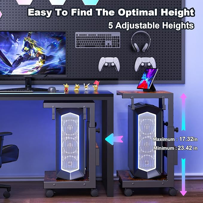 Computer Tower Stand with Charge Station and USB Charging Port - Height Adjustable PC Tower Stand, Under Desk CPU Holder Cart with Locking Caster Wheels for Fits Most PC