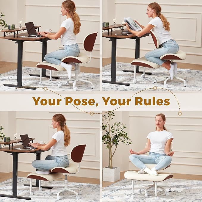 EROMMY ADHD Chair with Wheels Retractable footrest, Wide and Thickened Criss Cross Chair, Ergonomic Cross Legged Kneeling Desk Chairs for Meditation Yoga, Beige & Brown