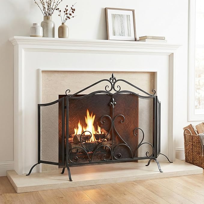 Christopher Knight Home Suho 3-Panel Iron Fireplace Screen, Foldable Fire Spark Guard with Wrought Metal Decorative Mesh, Arch Heavy Duty with Central Floral Pattern, 54" x 31.5", Black