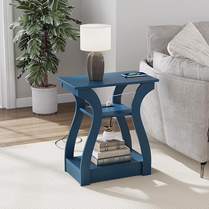 FROMJBEST End Tables Living Room, End Table end Table with Charging Station and USB,Navy Blue Side Table, Nightstand for Bedroom,3 Tier End Table with Storage Shelf for Living Room