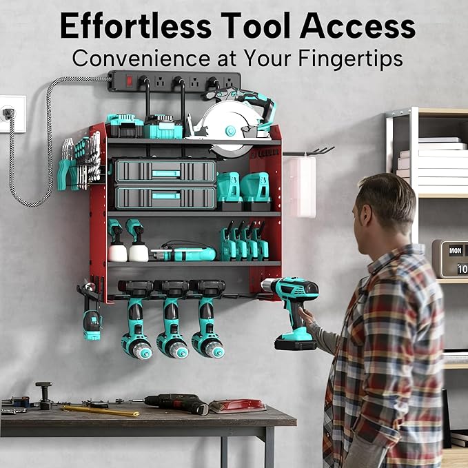 4 Layer Heavy Duty Power Tool Organizer Wall Mount with Charging Station, Adjustable Metal Storage Rack, 6 Outlets Power Strip, Drill Holders, Hooks & Drill Bit Rack for Garage, Workshop, Red