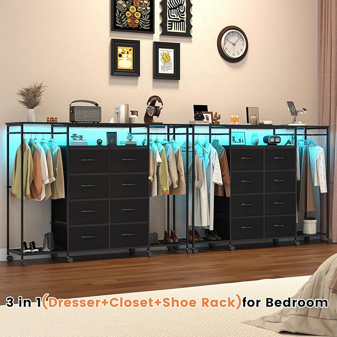 59.1" W Dresser for Bedroom with Hanging Rack, 8 Drawer Dresser with LED Lights & Charging Station, Fabric Dressers with Portable Wheels,Metal Frame, Wooden Top (Black)