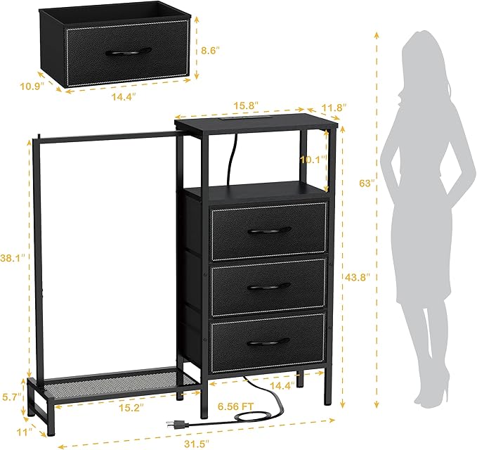 Dresser for Bedroom with Hanging Rack, 3 Drawers Closet with Charging Station, Fabric Chest of Drawers with Clothes Rack, Storage Organzier for Hallway Entryway, Black