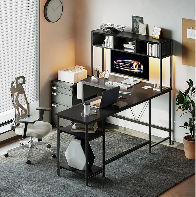 DUMOS L Shaped Gaming Desk 67", Reversible Computer Desk with LED Lights, Corner Desk for Small Spaces with Keyboard Tray & Storage Shelf, Metal Frame PC Gaming Table for Home Office Bedroom, Black