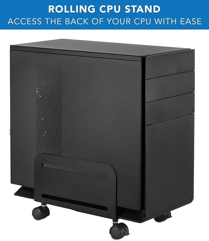 Mount-It! Computer Tower Stand, Adjustable Mobile CPU Stand with Wheels, Heavy-Duty Steel Rolling Cart, Fits Most PC Towers, 4.87 to 8.5 Inch Width, Under Desk, Black