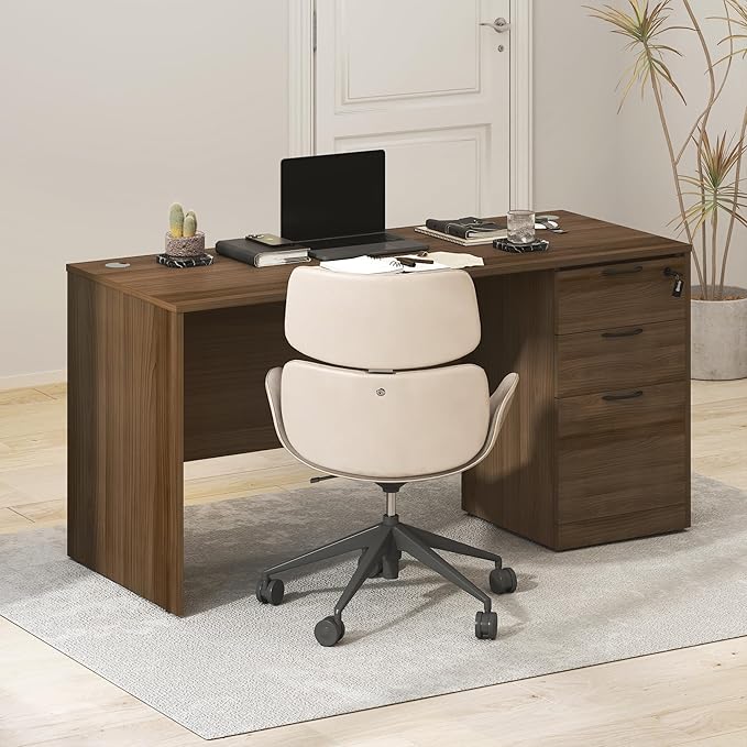 Furinno Roger File Cabinet, 3-Drawer Fixed Pedestal Filing Cabinet with Lock, Soft-Close Drawers with Drawer Organizer, for Home Office, Modern Walnut