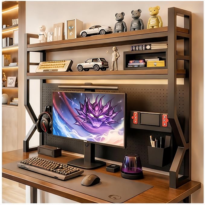 Desktop Hutch Bookshelf,Many Gifts,Metal Desktop Bookcase with pegboard, Desk Shelf, Countertop Storage Organizer Rack for Dorm or Office,Desktop Shelves (Natural+Black, 53.1" Lx9.9 Wx39 H)