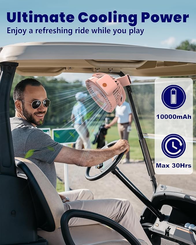 10000mAh Clip on Fan, 8-Inch Golf Cart Fan Rechargeable with LED Light, 9 Speeds Strong Airflow, Ultra Quiet, 30Hrs Runtime, 360° Rotation, Cooling for Bed Camping Office Desk Dorm, Pink