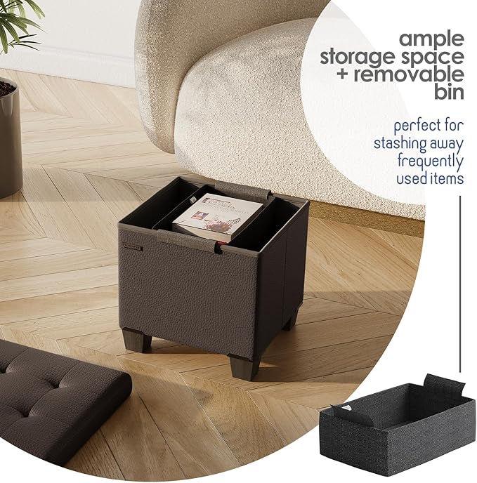 Storage Ottoman Cube with Small Bin, 15-in Square Ottoman with Storage for Living Room and Bedroom, Small Ottomans Foot Rest, Faux Leather Foot Stools Ottomans Max 330lbs, Brown