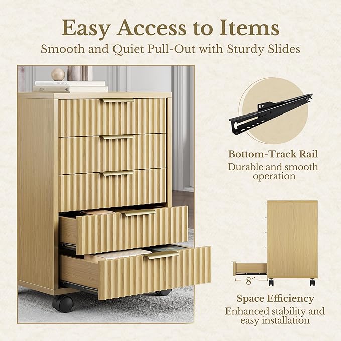 5 Drawer Chest, Under Desk Storage Wood Drawers with Wheels,Fluted File Cabinet for Home Office, Natural Walnut